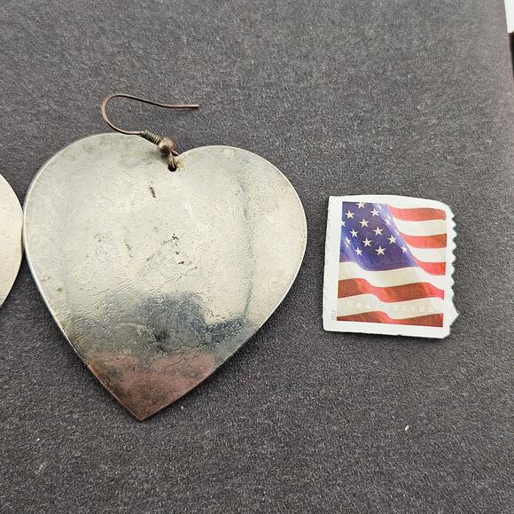 Silver Tone Metallic Heart Statement Earrings Large Dangle Drop Eclectic Bold - Picture 3 of 4